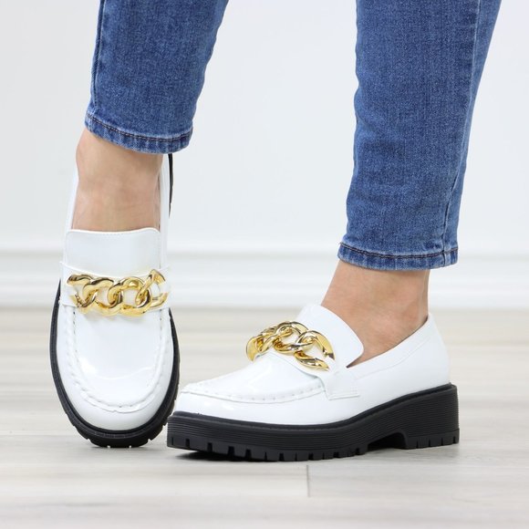 Shoes - White Patent Chunky Lug Sole Slip On Penny Loafers Platform With Gold Chain